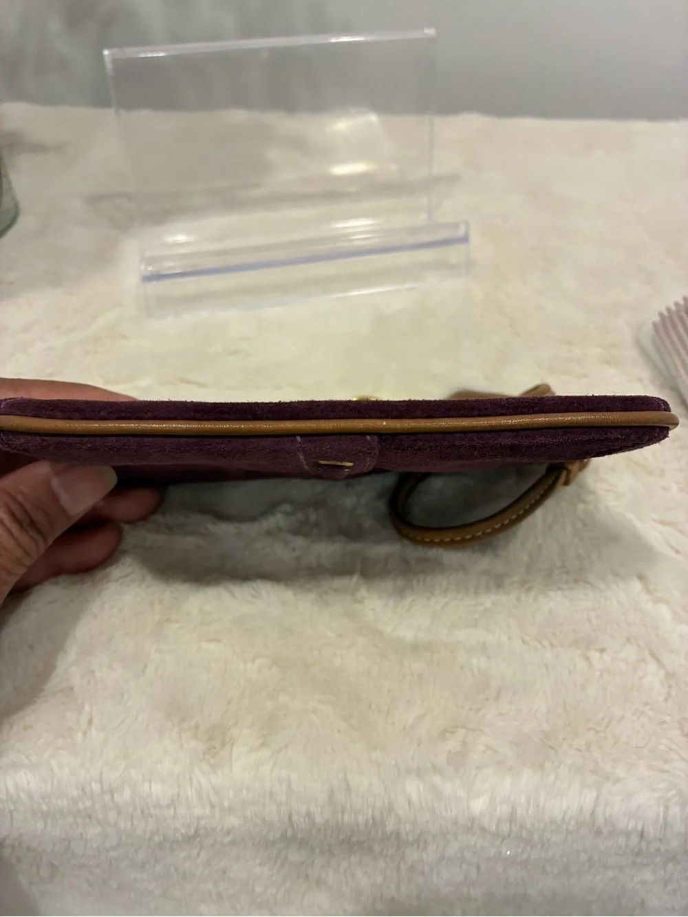 Coach Purple Suede Wristlet Clutch Brown Leather Trim Brass Grommet Y2K Vintage